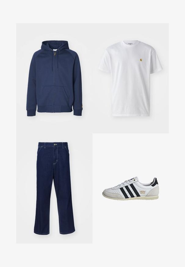 Marineblå hettegenser med glidelås laget av bomullsblanding, med snøring i hetta, kenguruluker, ribbestrikkede mansjetter og en liten logo på ermet.; Hvit bomull t-skjorte med korte ermer, rund hals, med en liten gulllogo på venstre brystområde. Myk tekstur og vanlig passform.; Mørkeblå denimbukser med rett ben-design, med lyse sømdetaljer og frontlukking med knapp. Jevn tekstur.; Hvit sneaker med svarte striper og gullmerke. Har semsket og lærmaterialer, perforert overdel og teksturert gummisåle.