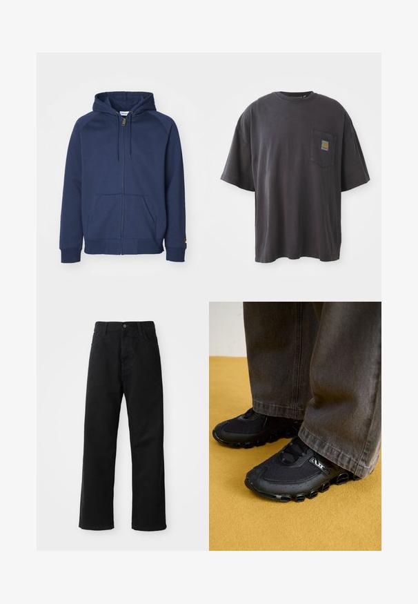 Mornarska zip-up jopica iz bombažnega mešanice, z nastavljivo kapuco, kenguru žepi, rebrastimi manšetami in majhnim logotipom na rokavu.; Črna bombažna majica s kratkimi rokavi, okroglim izrezom in žepom na levi strani prsi, ki vključuje kvadratno oznako. Preprost in neopazen dizajn.; Črni kavbojki z ravnim krojem, ki imajo sprednje žepke, zadrgo in en zgornji gumb. Teksturovan material z mat zaključkom.; Črne športne čevlje z mrežasto zgornjim delom, ukrivljenim podplatom in značilnimi zaobljenimi detajli. Pairsani s temnimi, ohlapnimi hlačami.