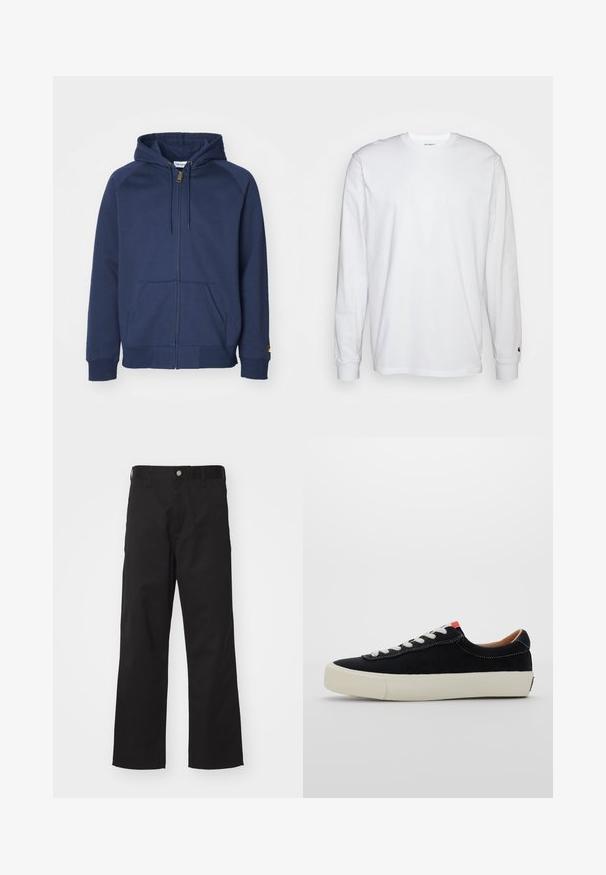 Námořnická mikina s kapucí na zip z bavlněné směsi, se šňůrkou na kapuci, klokaními kapsami, žebrovanými manžetami a malým logem na rukávu.; Bílá dlouhá tričko s dlouhými rukávy vyrobené z bavlny. Design s kulatým výstřihem, žebrované manžety a malé logo na levém rukávu. Hladká textura.; Černé kalhoty vyrobené z odolné tkaniny, s přímým střihem, předním zapínáním na knoflík, poutky na opasek a bez viditelných vzorů nebo akcentů.; Černé látkové tenisky s bílými tkaničkami, béžovou gumovou podrážkou a červeným akcentem na patě. Zaoblená špička a minimální švy.