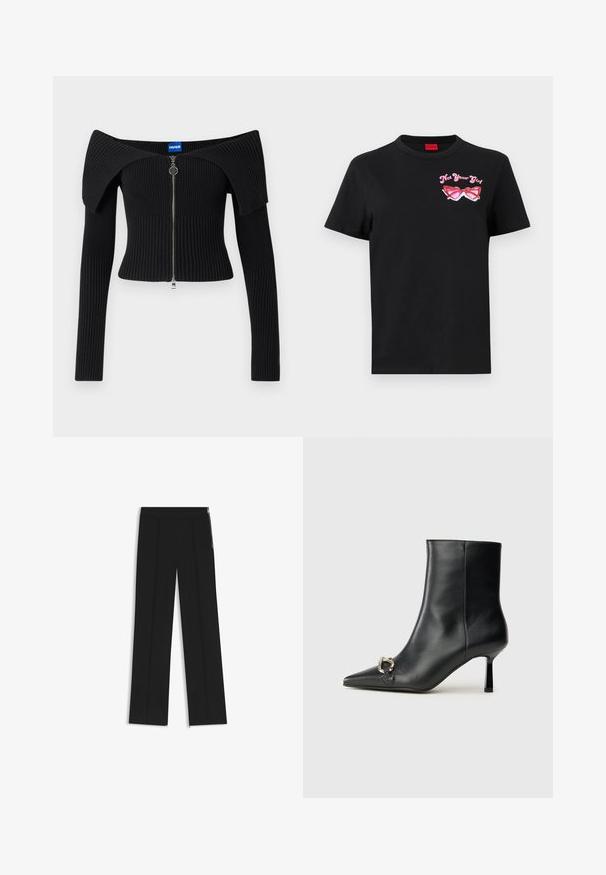 Black off-the-shoulder ribbed top with long sleeves, featuring a central zipper and a silver hardware accent.; Black cotton t-shirt with short sleeves featuring a pink graphic of sunglasses and text "Not Your Girl" on the left chest area.; Black wide-leg trousers with two front pleats, elastic waistband, and side zippers for detail. Smooth texture and minimalist design.; Black leather ankle boot with pointed toe, slim mid-height heel, and silver buckle detail on side against plain background.