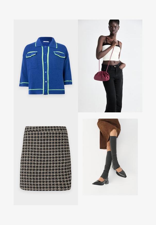 Cardigan tricoté bleu avec une finition texturée, manches courtes, deux poches avant, et des accents contrastants vert néon le long du col et des coutures.; Blouse noire à manches longues pour femme, avec un col pointu, des boutons cachés sur le devant, une taille cintrée et un ourlet ainsi que des poignets évasés.; Jupe mini à carreaux noire et beige avec un tissage texturé et une ceinture lisse, présentant une coupe structurée et un design simple.; Chaussures à bout pointu en cuir verni noir avec un talon bloc et une bride à la cheville, accompagnées de jambières en maille grise et d'une jupe en daim marron.; Sac à main en tissu doux bordeaux avec un design froncé et une longue sangle, porté en bandoulière. Le mannequin porte un top court blanc et un jean noir.