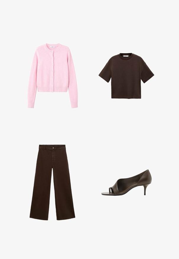 Krátký růžový cardigan vyrobený z měkké tkaniny, s kulatým výstřihem, předními knoflíky a žebrovanými manžetami a lemem.; Hnědé tričko s krátkým rukávem vyrobené z měkké bavlny. Má kulatý výstřih a volný střih, s hladkou strukturou a bez viditelných vzorů.; Hnědé kalhoty širokého střihu z bavlněné směsi, s třepicí na lemu, předním zapínáním na knoflík a klasickým designem pěti kapes. Minimalistické a univerzální.; Hnědá kožená otevřená vysoká bota na podpatku s hladkým povrchem a štíhlým stiletto podpatkem. Má výřezový design a minimalistický tvar.