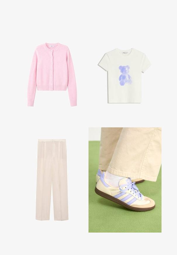 Lyhyt vaaleanpunainen neuletakki, joka on valmistettu pehmeästä kankaasta. Siinä on pyöreä pääntie, etupainikkeet sekä ribbireunat hihansuilla ja helmassa.; Valkoinen puuvillapaita, jossa on läpikuultava violetti nallekarhukuva edessä, pyöreä kaula-aukko, lyhyet hihat ja rento istuvuus.; Beige leveled pants with pleats and a smooth texture. Features a tailored waistband and two side pockets.; Kermasilta ja laventelilta näyttävät lenkkarit kolmella raidalla ja teksturoidulla ruskealla pohjalla, varustettuna nauhoilla ja pehmustetulla kantapäällä. Pehmeä kangaspinta.