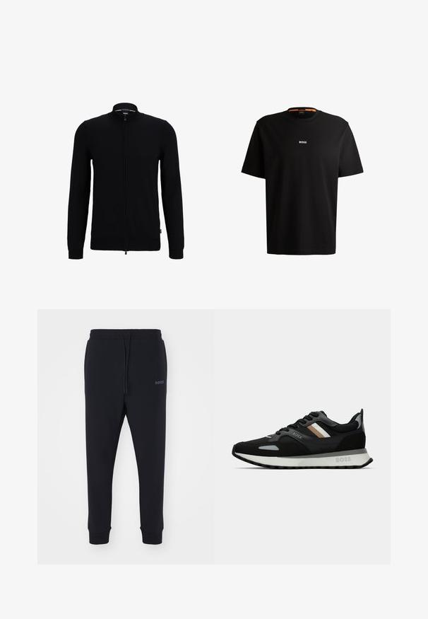 Sweater preto com fecho à frente, de gola alta, feito de um material de malha suave. Apresenta mangas longas e um design ajustado. Sem padrões visíveis.; T-shirt preta em algodão com gola redonda, mangas curtas e logo branco "BOSS" centrado no peito. Textura suave, corte casual.; Calças de fato pretas feitas de material macio, com uma cintura elástica, cordão e pernas ajustadas. Apresenta um pequeno logotipo de lado.; Shoe de corrida preto com uma superfície texturizada, detalhes cinza claro e três riscas horizontais em castanho. Apresenta uma sola branca acolchoada.
