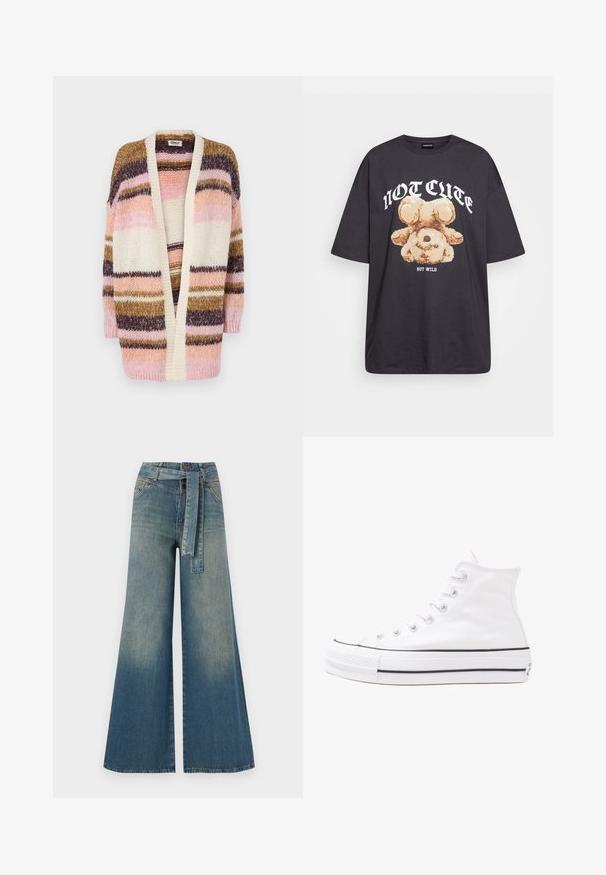 Daugiaspalvė kardiganas su plačiomis juostelėmis rožinės, grietinėlės, rudos ir purpurinės spalvų. Mezginio struktūra, atviras priekis ir ilgomis rankovėmis.; Juodas per didelis marškinėliai su bearo grafika ir tekstu "NE SIAUBINGA, BET NERAMUS" bold baltomis raidėmis. Pagaminta iš medvilnės.; Platus džinsinis kelnes su šviesiai tamsiai mėlynu gradientu, aukštu juosmeniu, diržo kilpomis ir atitinkančiu audinio diržu. Textūruotas džinsinis paviršius.; Balti aukštakulniai drobės sportbačiai su juodu guminio pado, priekinio guminio piršto dangteliu ir šešiais akytėmis raištams, pasižymintys švariu, minimalistiniu dizainu.