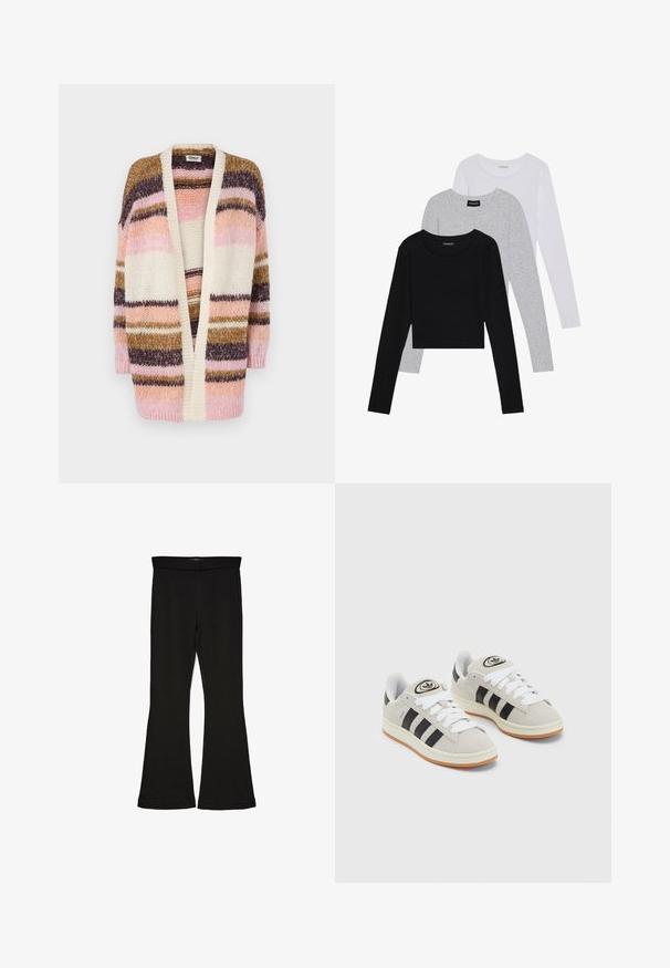 Večbarvni cardigan z širokimi črtami v roza, kremni, rjavi in vijolični barvi. Pletena tekstura, odprt sprednji del in dolgi rokavi.; Tri dolga rokava zložena: črna, siva in bela. Vsaka ima okroglo izreznico in skrajšan dizajn z gladkim, lahkotnim materialom.; Črne flare leggings iz raztegljive tkanine. Imajo širok pas in gladko teksturo, s prilegajočo silhueto, ki se na robu razširi.; Sive športne čevlje iz semiša z belimi vezalkami, črnimi črtami in belim gumijastim podplatom. Imajo okroglo oznako na ježku in podplat iz gume.