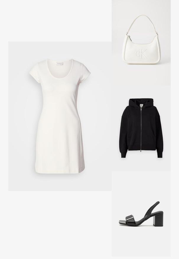 Hanorac negru cu fermoar, realizat dintr-un amestec de bumbac. Are o glugă mare, buzunare frontale și manșete ribbate. Branding minimal pe piept.; Rochie albă cu mânecă scurtă, dintr-un material neted și elastic, cu decolteu rotund și o siluetă ajustată, având detalii de cusătură minime.; Cizme negre cu toc înalt, cu vârf pătrat, toc bloc și detaliu cu cataramă metalică. Fabricate din material sintetic neted.; Geantă de umăr din piele albă cu formă curbată, având un logo "CK" embosat pe partea din față și un singur braț de umăr. Închidere cu fermoar în partea de sus.