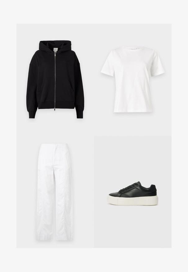 Hanorac negru cu fermoar, realizat dintr-un amestec de bumbac. Are o glugă mare, buzunare frontale și manșete ribbate. Branding minimal pe piept.; Tricou alb din bumbac cu mâneci scurte, guler rotund și o croială relaxată. Textură netedă, fără imprimeuri sau accente, design minimalist.; Pantaloni albi cu croială largă, fabricați dintr-un material ușor, având o textură netedă, linii curate și un design cu talie înaltă.; Adidași din piele neagră cu vârf rotund, talpă platformă albă și șireturi negre. Prezintă un logo discret pe toc și o textură netedă.