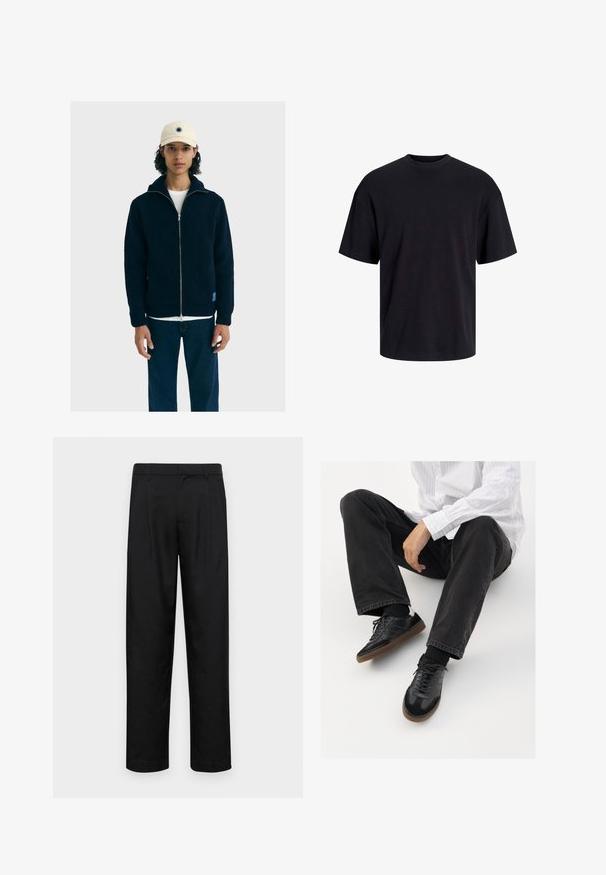 Navyblaues, geripptes Strick-Zip-Jackett mit hohem Kragen, weißem Unterhemd und Wollstruktur. Kombiniert mit dunkelblauen Jeans und einer cremefarbenen Mütze.; Schwarzes Baumwoll-T-Shirt mit Rundhalsausschnitt, kurzen Ärmeln und lässiger Passform. Glatte Oberflächenstruktur und keine sichtbaren Muster oder Akzente.; Schwarze Hose aus glattem Stoff, mit geradem Bein Design, zwei vorderen Falten und einem Standardbund mit Gürtelschlaufen.; Schwarze Sneakers mit einer glatten und strukturierten Oberfläche, ausgestattet mit einer Gummisohle und dunklen Schnürsenkeln. Kombiniert mit schwarzen Jeans und einem gestreiften weißen Hemd.