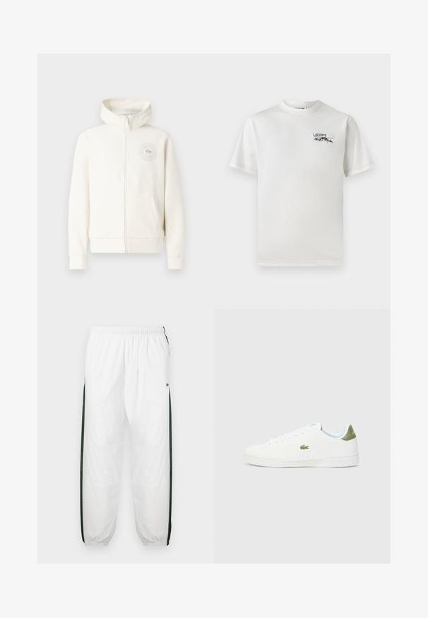 Hanorac cu fermoar de culoare crem deschis, dotat cu o buzunar frontal, manșete cu textură ribbed și un logo circular pe partea stângă a pieptului, realizat dintr-un material moale.; Tricou alb din bumbac, cu guler rotund, mâneci scurte și un mic logo brodat care înfățișează munți și text pe partea stângă a pieptului.; Pantaloni de trening albi cu panouri laterale de culoare verde închis. Material ușor, talie elastică și tivuri manșonate. Prezintă o textură din plasă pe panourile laterale.; Adidași albi cu o textură fină, având un accent verde la călcâi și un mic logo brodat al unui crocodil pe lateral.