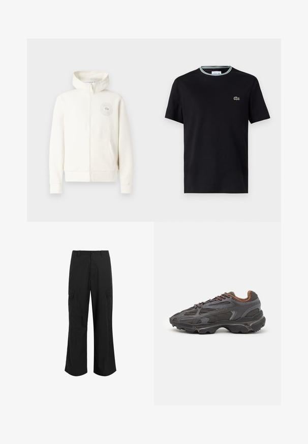 Svetlá krémová mikina na zips s prednou kapsou, rebrovanými manžetami a kruhovým logom na ľavej hrudi, s jemnou textúrou látky.; Čierne bavlnené tričko s okrúhlym výstrihom, s bielym a zeleným prúžkovaným lemovaním a vyšitým zeleným logo krokodíla na ľavej hrudi.; Čierne cargo nohavice vyrobené z ľahkej tkaniny, s voľným strihom, dvoma veľkými bočnými vreckami a zapínaním na gombík.; Lacoste tenisky v tmavo sivej farbe z nylonu a syntetického materiálu, s textúrovanou podrážkou a hnedými akcentami na golieri a brandingu.