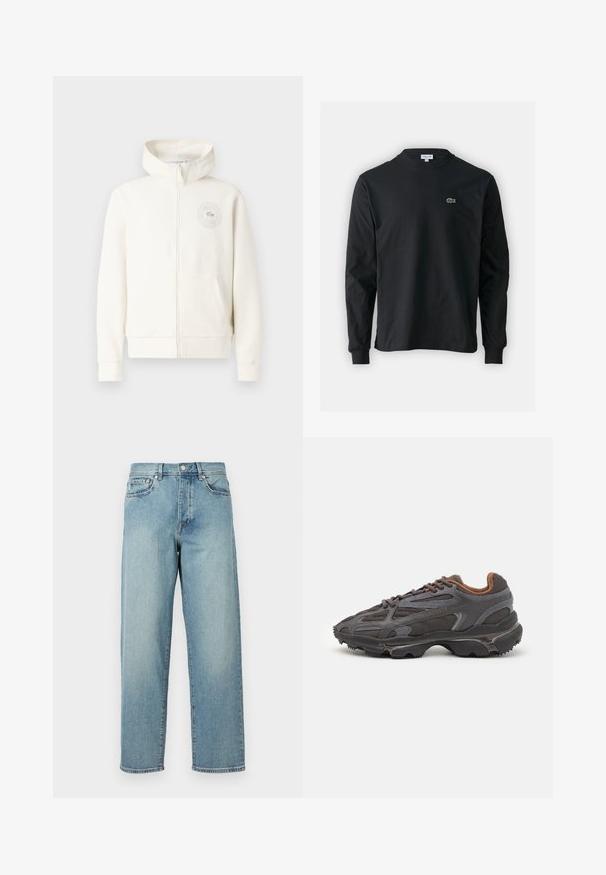 Sudadera con cremallera de color crema claro, con un bolsillo frontal, puños acanalados y un logotipo circular en el lado izquierdo del pecho, que presenta una textura de tela suave.; Camiseta de manga larga negra de algodón, con escote redondo y un pequeño logo de cocodrilo bordado en verde en el lado izquierdo del pecho.; Jeans de mezclilla azul claro con un corte amplio, piernas rectas, diseño de cinco bolsillos y cierre de botón en la cintura. Detalle de costura minimalista.; Zapatillas Lacoste en gris oscuro con material de malla y sintético, que cuentan con una suela texturizada y detalles en marrón en el cuello y la marca.