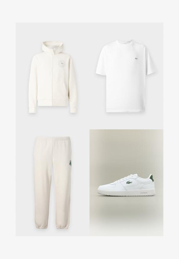 Svetlá krémová mikina na zips s prednou kapsou, rebrovanými manžetami a kruhovým logom na ľavej hrudi, s jemnou textúrou látky.; Biely bavlnený tričko s okrúhlym výstrihom a krátkymi rukávmi. Obsahuje malú čiernu značku Lacoste na ľavej strane hrudníka.; Svetlo béžové tepláky z bavlny s elastickým pásom, rebrovanými manžetami a zeleným logom s dizajnom listu na ľavej nohe.; Biele kožené tenisky s hladkým povrchom, zelenými akcentami na päte a zeleným logom na boku. Majú plochú podrážku a okrúly špičku.