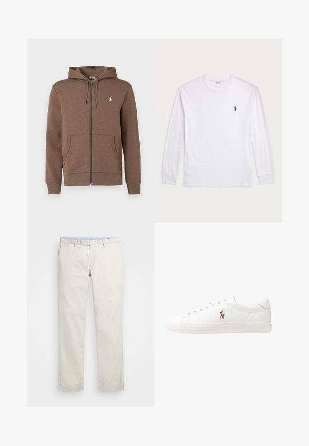 Brun dragkedjehoodie i mjukt tyg, med framficka i kangurustil, dragsko i huvan och liten broderad logotyp på bröstet.; Vit långärmad T-shirt tillverkad av bomull. Har en rund halsringning, ribbade ärmslut och en liten marinblå polo-logotyp på vänster bröst.; Beige bomullskinos med rak framdel, bältesöglor och sidofickor. Rakt ben med en slät textur och en lätt, andningsbar känsla.; Vita lädersneakers, låg design, med en slät yta, rund tå, snörning fram och en liten broderad logotyp på sidan.