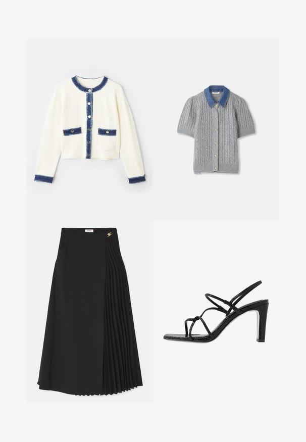 Gilet court couleur crème avec une finition en denim bleu, quatre poches avant et boutons en argent. Tissu doux avec une texture.; Cardigan gris en tricot à manches courtes avec un motif en treillis, doté d'un col en denim et de cinq boutons dorés sur le devant.; Jupe midi noire avec un design plissé sur un côté, fabriquée en tissu léger, dotée d'une fermeture éclair cachée et de poches latérales.; Sandales noires à talons avec des fines lanières, une finition texturée, bout ouvert et un design de talon pointu et élégant. Équipées d'une semelle intérieure lisse et d'une surface brillante.