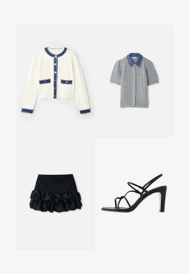 Krémový krátký kardigan s modrým denimmovým lemem, čtyřmi předními kapsami a stříbrnými knoflíky. Měkká tkanina s texturovaným povrchem.; Šedý pletený cardigan s krátkým rukávem a vzorem kabel, s denimovým límcem a pěti zlatými knoflíky v přední části.; Černá mini sukně s upnutým topem a třemi vrstvami volánkového materiálu na spodní části, s hladkou texturou a čistými liniemi.; Černé sandály na podpatku s tenkými pásky, strukturovaným povrchem, otevřenou špičkou a elegantním, špičatým designem podpatku. Obsahují hladkou stélku a lesklý povrch.
