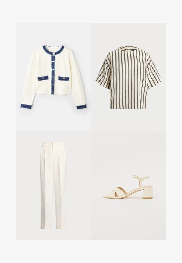 Kremasti skraćeni kardigan s plavim trakom od denima, četiri prednja džepa i srebrnim dugmadima. Mekani materijal s teksturiranim finišom.; Kratki rukavi, prugasti top u krem i tamnoplavoj boji, sa okruglim izrezom i kutijastim dizajnom od teksturirane tkanine.; Polo Ralph Lauren HEMP WIDE LEG PANT - Hlače - nevis; Bež sandale od lakirane kože na visokoj peti s dizajnom preklopnog remena, otvorenim prstima, podesivim remenom oko gležnja i blok petom. Glatka tekstura.