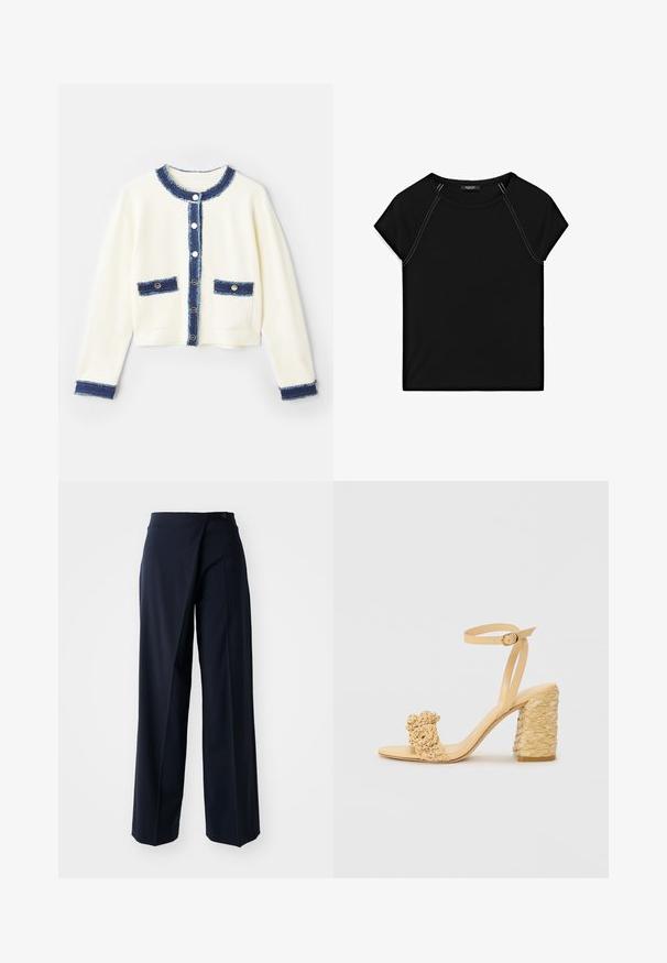 Cardigan cropped color crema con bordo in denim blu, quattro tasche frontali e bottoni argentati. Tessuto morbido con una finitura testurizzata.; Top nero a maniche corte con scollatura rotonda e cuciture bianche in contrasto lungo le spalle e i lati. Tessuto morbido e liscio.; Pantaloni a gamba larga navy con design avvolgente, tessuto morbido, vita alta e chiusura con un bottone anteriore.; Sandalo beige con tacco alto e texture intrecciata, dotato di un fiore decorativo e di una cinghia alla caviglia. Il tacco quadrato offre stabilità.