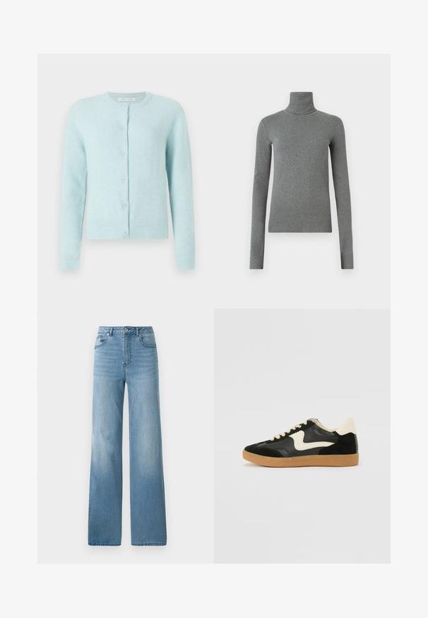 Cardigã azul claro feito de material suave, com decote redondo, mangas longas e cinco botões na frente.; Camisola de gola alta cinza feita de um tecido liso e elástico. Mangas compridas, design ajustado, textura mínima, sem padrões ou acessórios visíveis.; Jeans de cintura alta azul clara com um design de perna reta. Feitos em denim, com cinco bolsos e fecho de botão.; Sapatilha em camurça e couro pretos com um swoosh lateral em creme e um calcanhar em creme claro. Apresenta atacadores bege e uma sola de borracha tipo gum.