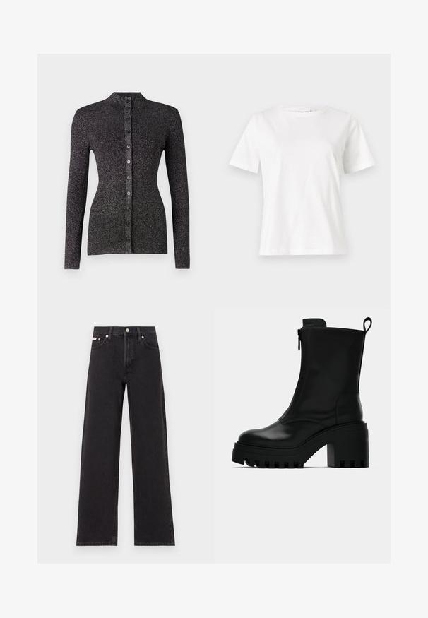 Black ribbed cardigan made of textured material, featuring a high neck, long sleeves, and a row of six coordinating buttons down the front.; White cotton t-shirt with short sleeves, round neckline, and a relaxed fit. Smooth texture, no patterns or accents, minimalistic design.; Black wide-leg jeans made of denim, featuring a high-rise waist, five-pocket styling, and a metal button closure with contrasting stitching.; Black leather ankle boot with chunky lug sole, block heel, side zipper, and pull tab at the back on plain white background.