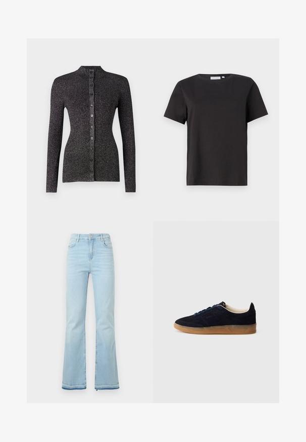 Svart ribbestrikket cardigan laget av strukturert materiale, med høy hals, lange ermer og en rad med seks matchende knapper foran.; Svart bomulls-T-skjorte med korte ermer, rund hals og et enkelt, rent design. Ingen synlige mønstre eller dekorasjoner.; Lyseblå flagrende jeans laget av denim, med høy midje, frontlommer og rå kant ved mansjettene for et uformelt utseende.; Navy blå semsket sneakers med såle av gummikaramell, blå lisser og minimalistisk design. Har preget logo på siden og glatt innerfôr.