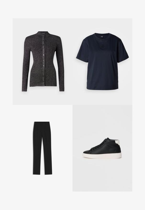 Black ribbed cardigan made of textured material, featuring a high neck, long sleeves, and a row of six coordinating buttons down the front.; Navy blue short-sleeve t-shirt made of soft cotton. Features a rounded neckline and a subtle embroidered logo on the chest.; Black tailored trousers with a straight-leg design, featuring front pockets and a smooth, textured fabric. Neat, minimal detailing.; Black high-top sneaker made of smooth leather with white rubber sole, featuring round laces, a padded collar, and a contrasting heel accent.
