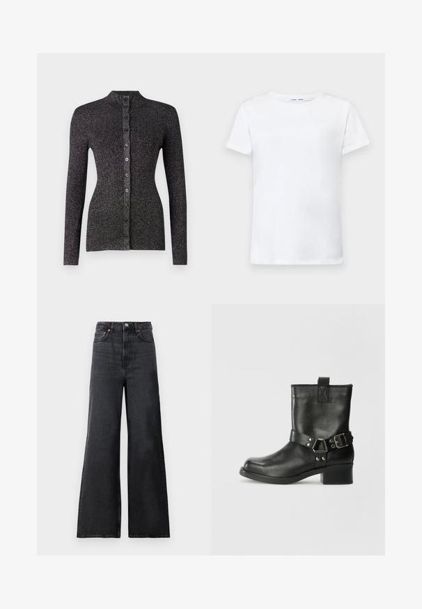 Svart ribbestrikket cardigan laget av strukturert materiale, med høy hals, lange ermer og en rad med seks matchende knapper foran.; Hvit kortermet t-skjorte laget av bomull med rund hals-design. Glatt tekstur og rett snitt, uten mønstre eller detaljer.; Sorte denim bellbottom bukser med høy midje, med metallknapp-lukking, frontlommer og subtil falming på stoffet.; Samsøe Samsøe SABRENTA - Cowboystøvletter - black