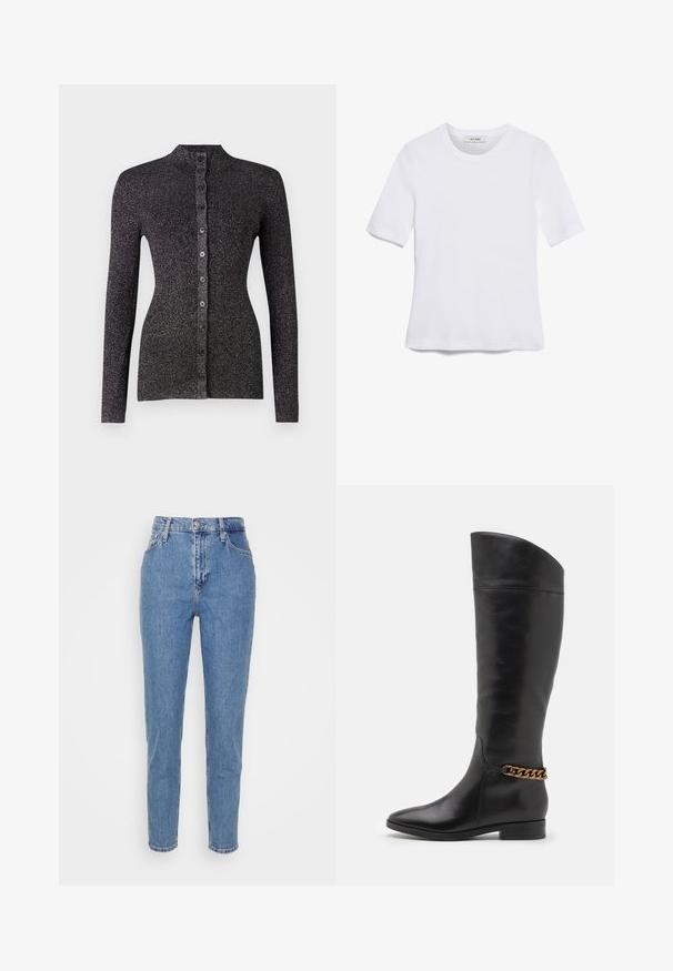 Mustapaitainen neuletakki, joka on valmistettu teksturoidusta materiaalista. Takissa on korkea kaulus, pitkät hihat ja kuusi yhdisteävää nappia edessä.; Valkoinen lyhythihainen t-paita, joka on valmistettu ribbytedusta kankaasta. Pyöreä pääntiie, normaali istuvuus ja hienovaraiset ompeluyksityiskohdat. Ei kuvioita tai grafiikkaa.; Siniset korkea vyötäröiset suorat farkut, joissa on etupainike ja vetoketju, vyölenkit ja taskut, esiteltynä yksinkertaisella valkoisella taustalla.; Pitkiä mustista nahkasaappaista, joissa on tyylikäs muotoilu, terävä kärki ja kultaketjuakseli nilkassa. Matala lohko korko. Sujuva pinta.