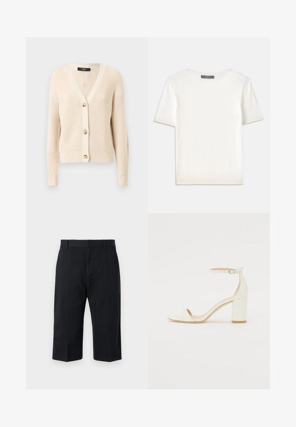 WEEKEND MaxMara NIRVANA - Strickjacke - ecru; Weißes kurzärmliges Strickoberteil mit rundem Halsausschnitt, das eine glatte Textur und subtile Rippakzente an den Ärmeln und dem Saum aufweist.; Schwarze knielange Shorts aus Baumwolle mit flachem Bund, Gürtelschlaufen und ohne sichtbare Taschen. Glatte Textur und taillierte Passform.; Weißes Leder-Sandale mit Blockabsatz, die ein Knöchelriemen mit einer Schnalle und ein minimalistisches Design aufweist. Offene Zehen und glatte Texturen im gesamten Design.
