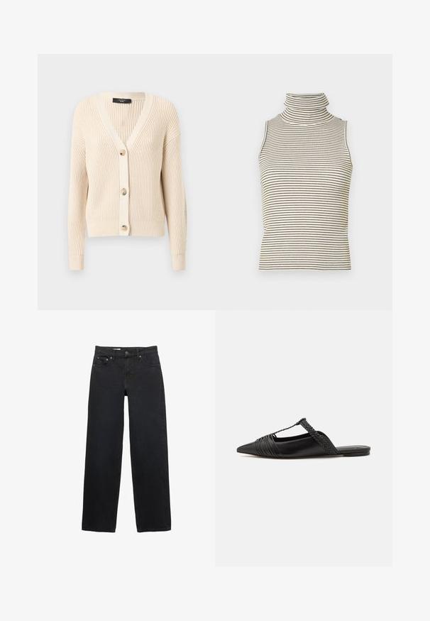 WEEKEND MaxMara NIRVANA - Cardigan - ecru; Top fără mâneci, cu guler înalt și strâns, realizat dintr-un material tricotat texturat, având dungi verticale negre și albe.; Jeans negre cu croi larg, fabricate din denim, având cinci buzunare, închidere cu nasture, cusături subtile și un tăiat drept de la talie până la poale.; Pantofii din piele neagră cu curea la spate au vârful ascuțit, prezentând un accent țesut și un design superior pliat. Talpa joasă cu hardware minim.