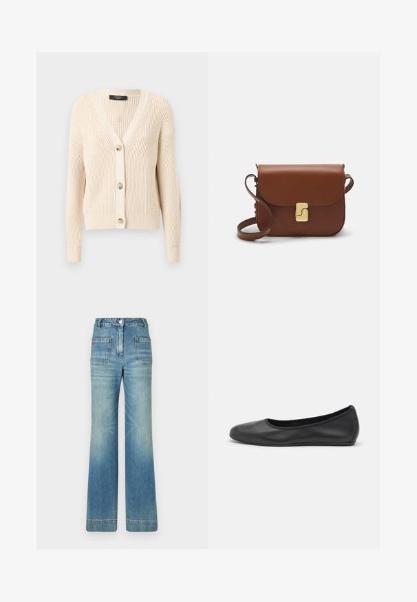 WEEKEND MaxMara NIRVANA - Strickjacke - ecru; Weißes kurzärmliges T-Shirt aus geripptem Stoff. Runder Halsausschnitt, normale Passform und dezente Nähte. Keine Muster oder Grafiken.; Helle blaue, ausgestellt geschnittene Jeans aus Denim mit fünf Taschen, Gürtelschlaufen, Knopfverschluss und einer leicht verblassten Textur, die ein rotes Logodetail auf der Rückseite aufweist.; Schwarze Leder-Ballettschuhe mit abgerundeter Spitze, glatter Textur, minimalen Nähdetails und einem flexiblen Sohlen-Design.; Braune Ledertasche mit Klappenverschluss, Beschlägen in Goldfarbe, einem Schultergurt und einer glatten Oberfläche. Kompakte rechteckige Form.