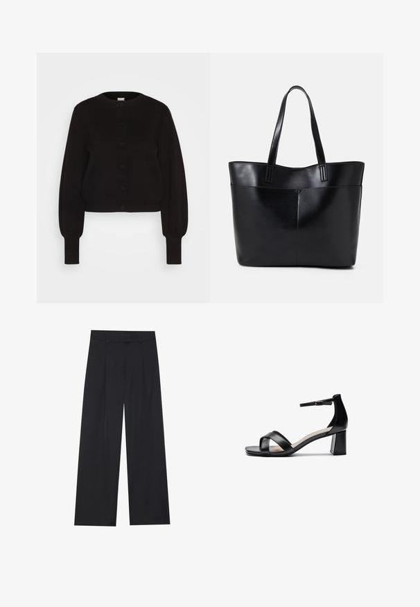 Cardigan preto em malha com decote redondo, mangas compridas e fecho de botão. Apresenta uma bainha e punhos canelados para adicionar textura.; Top de alças pretas com decote quadrado e alças finas e ajustáveis. O tecido apresenta um padrão texturizado e um design ajustado.; Calças largas pretas com uma textura suave, apresentando dois vincos frontais, um cós e nenhum hardware ou bolsos visíveis.; Sandália de salto alto preta, com ponta aberta, tiras cruzadas, tira de tornozelo ajustável e um salto robusto, apresentando uma textura de pele lisa.; Bolsa tote preta em couro com duas alças longas, textura suave e forma estruturada. Apresenta um bolso frontal para armazenamento adicional.