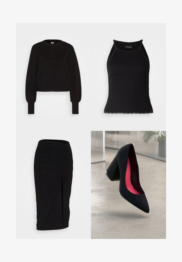 Cardigan preto em malha com decote redondo, mangas compridas e fecho de botão. Apresenta uma bainha e punhos canelados para adicionar textura.; T-shirt sem mangas preto com acabamento em renda frisada na barra. Apresenta alças finas e um design justo. Feito de um tecido elástico.; Saia lápis preta, franzida, com detalhe de laço e uma fenda lateral. Feita de um tecido elástico, apresenta uma textura suave e um design justo ao corpo.; Sapato de salto alto preto com bico puntiagudo, superfície texturizada e um interior vibrante em rosa. Apresenta um salto grosso com detalhe em prata.