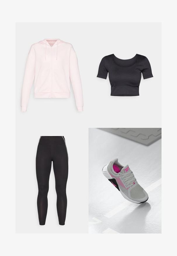 ONLY Play ONPLOUNGE LIFE HOOD - Cipzáras pulóver - pink a boo; Fekete bordás, rövid ujjú cropped top, széles, kerek nyakkivágással és illeszkedő pánttal az alján. Puha textúra, laza dizájn.; Fekete leggings rugalmas anyagból, magas derekú fazonban. Fehér oldalsávokkal rendelkezik, sima tapintású.; Szürke és rózsaszín Reebok sportcipő, hálós felső résszel és részletes talppal, tükröződő fehér felületen kiállítva.