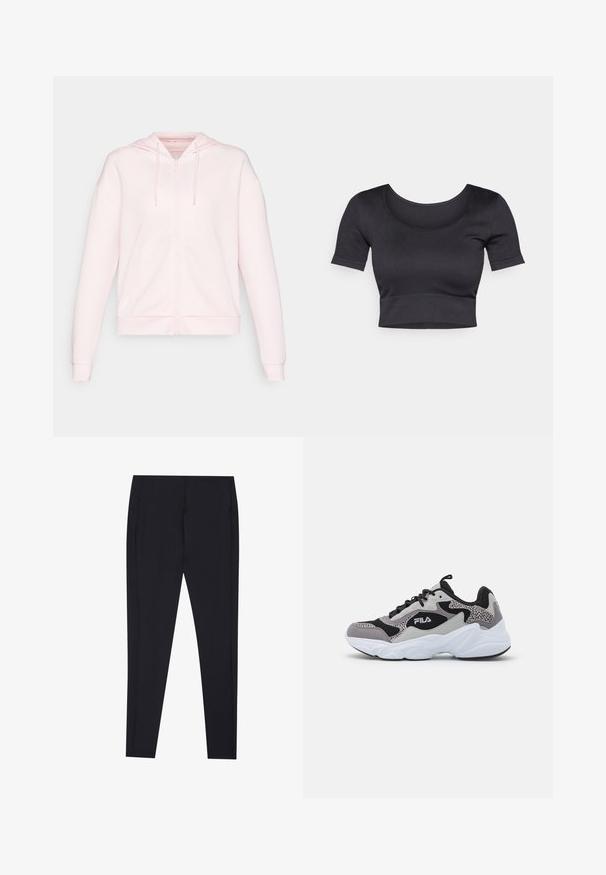 ONLY Play ONPLOUNGE LIFE HOOD - Sweater met rits - pink a boo; Zwarte geribde cropped top met korte mouwen, brede ronde halslijn en een aansluitende band aan de onderkant. Zachte textuur, casual ontwerp.; Zwarte leggings met een aansluitend ontwerp, gladde textuur en zonder zichtbare patronen. Bevat zijnaad en een frisse, minimalistische silhouet.; Grijze, zwarte en witte sneaker met een textuur bovenkant, gewatteerde kraag, dikke witte zool en mesh panelen voor ademend vermogen.