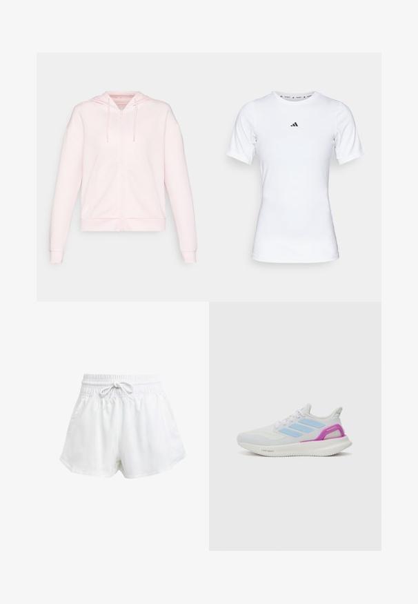 ONLY Play ONPLOUNGE LIFE HOOD - Cipzáras pulóver - pink a boo; Fehér sportpóló, rövid ujjú, sima, rugalmas anyagból készült. Kicsi fekete Adidas logó található a mellkasán.; Fehér sportcipőnadrág rugalmas derékrésszel és állítható húzózsinórral. Könnyű anyagból készült, oldalzsebekkel rendelkezik és laza szabású.; adidas Performance PUREBOOST 5 - Utcai futócipők - white/glow blue/purple burst