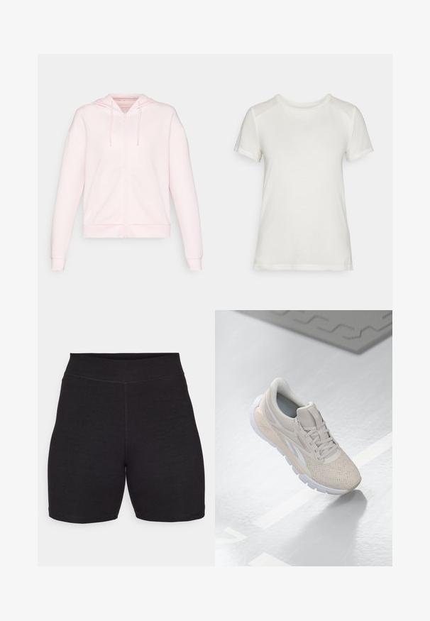 ONLY Play ONPLOUNGE LIFE HOOD - Tröja med dragkedja - pink a boo; Vitt kortärmat t-shirt av mjukt tyg, med rund halsringning och en avslappnad passform med släta, sömlösa axeldetaljer.; Svarta cykelshorts med hög midja, tillverkade av stretchy, mjukt tyg. Har platta sömmar och en jämn textur för komfort.; Ljusbeige träningsskor med perforerat ovandel, texturerade detaljer, vadderad krage och vit gummisula, designade för komfort och andningsförmåga.