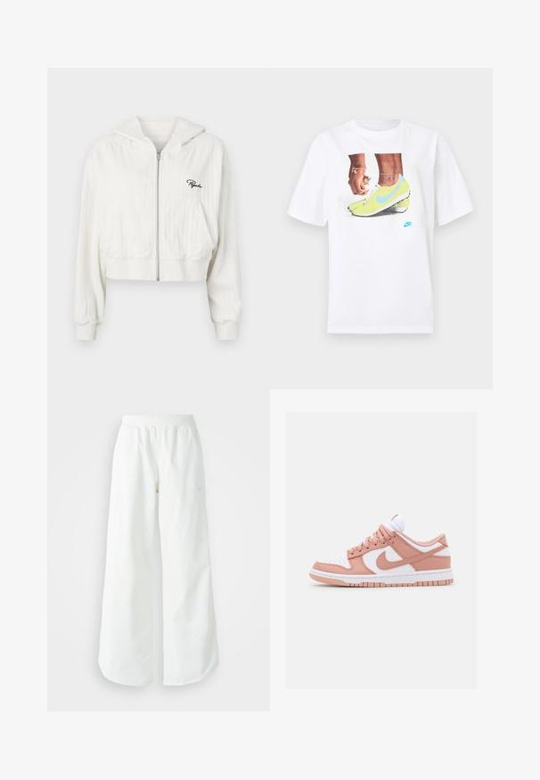Felpa bianca cropped con zip e cappuccio, realizzata in tessuto testurizzato. Presenta due tasche frontali e un logo ricamato sul lato sinistro del petto.; T-shirt bianco in cotone con una grafica di piedi che indossano scarpette Nike gialle con dettagli blu, abbinato a un braccialetto al polso sinistro.; Pantaloni sportivi bianchi a gamba larga con vita a coste e delicato dettaglio del logo. Tessuto liscio con vestibilità rilassata e orlo affusolato.; Sneaker con punta in pelle bianca, accenti in pelle rosa chiaro e suola testurizzata rosa e bianca. Presenta lacci e il logo Nike.