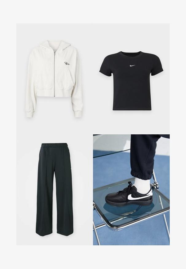 Sudadera corta blanca con cremallera y capucha, hecha de tela texturizada. Tiene dos bolsillos frontales y un logo bordado en el lado izquierdo del pecho.; Camiseta negra de manga corta hecha de algodón con un cuello redondo. Presenta un logo blanco de Nike en el pecho, diseño minimalista y forma ajustada.; Pantalones deportivos negros de pierna ancha con cintura elástica. Hechos de una tela suave y elástica, presentan costuras frontales sutiles y sin bolsillos.; Zapatillas Nike negras con acentos blancos, con una textura de cuero suave, diseño de cordones y punta redondeada, colocadas sobre una silla de cristal.