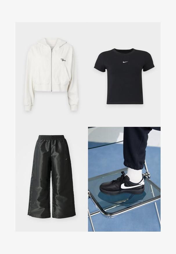 Sudadera corta blanca con cremallera y capucha, hecha de tela texturizada. Tiene dos bolsillos frontales y un logo bordado en el lado izquierdo del pecho.; Camiseta negra de manga corta hecha de algodón con un cuello redondo. Presenta un logo blanco de Nike en el pecho, diseño minimalista y forma ajustada.; Pantalones deportivos negros de tejido brillante y suave, con una cinturilla elástica, pierna ancha y un pequeño logo en el lado izquierdo.; Zapatillas Nike negras con acentos blancos, con una textura de cuero suave, diseño de cordones y punta redondeada, colocadas sobre una silla de cristal.