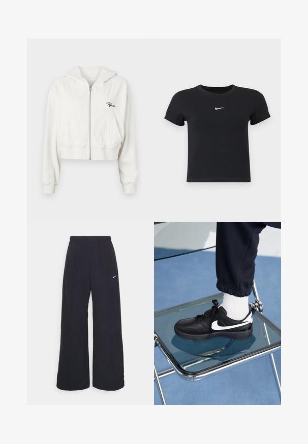 Avklippt vit zip-up hoodie med huva, tillverkad av strukturerad tyg. Har två framfickor och broderad logotyp på vänster bröst.; Svart kortärmad t-shirt i bomull med rund halsringning. Har en vit Nike-logotyp på bröstet, minimalistisk design och figurnära passform.; Svarta byxor med vida ben, elastisk midja och en liten vit Nike-logotyp. Tyget har en slät yta, designad för komfort och avslappnad användning.; Svarta Nike-sneakers med vita detaljer, med en slät läderstruktur, snörningsdesign och rund tå, placerade på en glasstol.