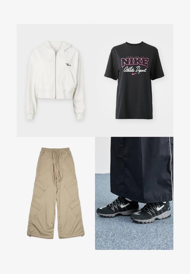 Hoodie zippé blanc coupé avec capuche, en tissu texturé. Comprend deux poches avant et un logo brodé sur la poitrine gauche.; T-shirt en coton noir avec un imprimé graphique en rose et blanc portant les textes "JUST DO IT", "NIKE" et "Athletic Depart." Coupe standard.; Pantalons cargo beige avec taille à cordon, plusieurs poches latérales et coupe décontractée. Fabriqués en tissu léger et lisse avec des détails de couture.; Des chaussures de sport noires avec un dessus texturé, des accents argentés et une semelle extérieure à motifs, associées à un long vêtement noir. Présentées sur un tapis bleu.
