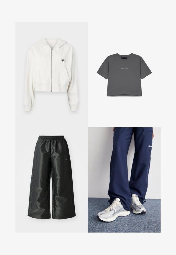 Skraćena bijela dukserica s patentnim zatvaračem i kapuljačom, izrađena od teksturirane tkanine. Ima dva prednja džepa i izvezeni logo na lijevoj strani prsnog koša.; Sivi pamučni majica s kratkim rukavima i okruglim izrezom. Ima bijeli ispis "PEGADOR" na prsima. Jednostavan, opušten dizajn.; Crne sportske hlače od sjajnoga, glatkog materijala, s elastičnim pojasom, širokim nogavicama i malim logom na lijevoj strani.; Nike atletske tenisice sa srebrnom mrežom, bijelim naglascima i strukturiranim potplatima, u kombinaciji s širokim tamnoplavim hlačama.