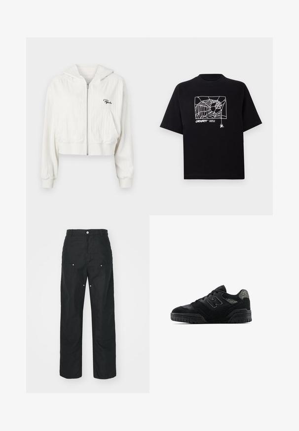 Cropped white zip-up hoodie with a hood, made of textured fabric. Features two front pockets and embroidered logo on the left chest.; Black T-shirt made of cotton with short sleeves. Features a white spider web graphic and logo on the front. Simple rounded neckline.; Black trousers with a straight-leg design, made of a textured fabric. Features decorative silver hardware and unique seam detailing.; Black low-top sneaker with textured sole, lace-up design, suede panels, and patterned accents on heel and side logo.