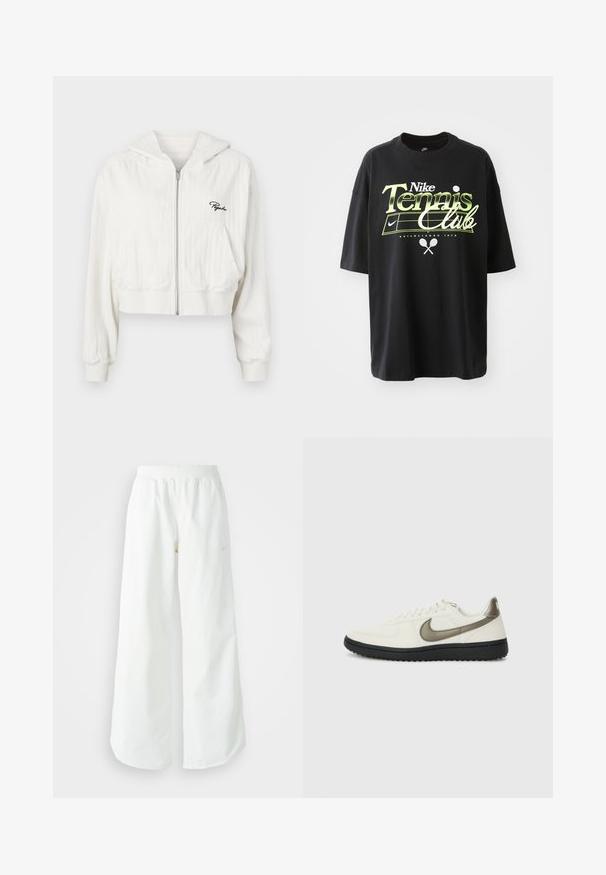 Lühendatud valge kapuutsiga tõmblukuga jakki, mis on valmistatud tekstuurilisest kangast. Kahel esiküljel on taskud ja vasakul rinnal on brodeeritud logo.; Mustast puuvillane t-särk lühikeste varrukatega, millel on roheline ja valge "Nike Tennis Club" graafika, tennisepall ja reketi illustreerimine.; Valged laiad spordipüksid, ribadega vöökoht ja diskreetne logosümbol. Sile kangas, lõdvestatud istuvus ja kitsenev ääreosa.; Nike Sportswear FIELD GENERAL - Tossud - off-white/black