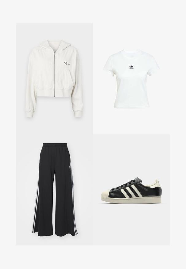 Cropped white zip-up hoodie with a hood, made of textured fabric. Features two front pockets and embroidered logo on the left chest.; White cotton t-shirt with short sleeves and a crew neckline. Features a black Adidas logo printed on the chest. Simple, minimal design.; Black wide-leg sweatpants with an elastic waistband, featuring white side stripes and an embroidered logo on the left thigh.; Black leather sneaker with white stripes, rubber toe cap, black laces, and a cream-colored outsole. Smooth texture with shiny finish.