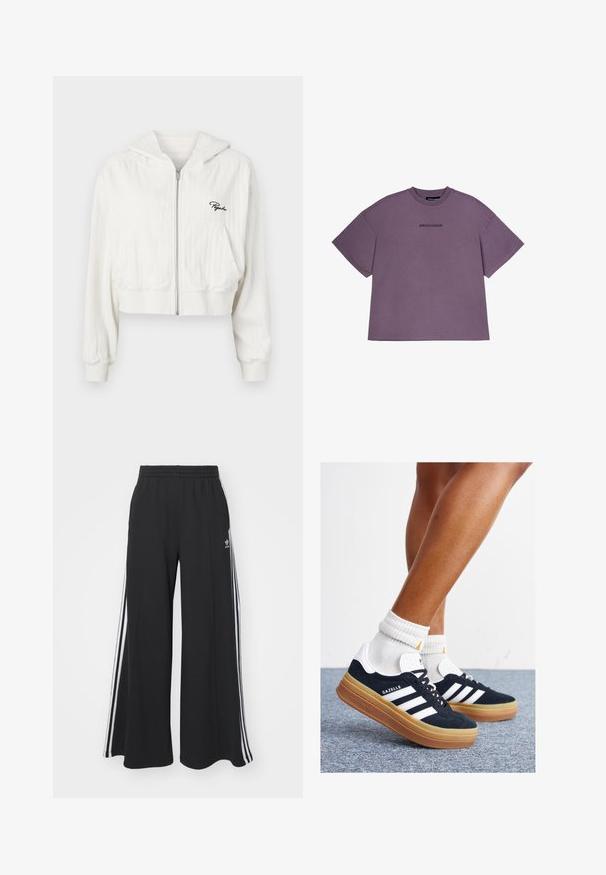 Skórzany, krótki, biały hoodie z kapturem, wykonany z teksturowanej tkaniny. Posiada dwie przednie kieszenie oraz haftowane logo po lewej stronie klatki piersiowej.; Fioletowy t-shirt z krótkim rękawem w oversize'owym kroju, wykonany z bawełny, z okrągłym dekoltem i napisem "PEGADOR" nadrukowanym na czarno na klatce piersiowej.; Czarne szerokie spodnie dresowe z elastycznym pasem, z białymi paskami po bokach i haftowanym logo na lewej udzie.; Czarne zamszowe trampki z białymi paskami i akcentami, zaokrąglonym noskiem, gumową podeszwą w kolorze jasno-brązowym, zestawione z białymi żebrowanymi skarpetkami do kostki.