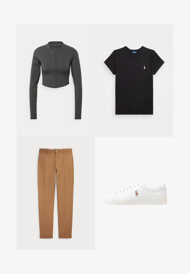 Crna skraćena jakna napravljena od glatkog, rastezljivog materijala. Ima duge rukave, visoki ovratnik i zatvaranje sprijeda na patentni zatvarač.; Crna pamučna majica s okruglim izrezom, kratkim rukavima i bijelim izvezenim logotipom na lijevoj strani prsnog koša. Glatka tekstura, ležeran dizajn.; Smeđi pamučni hlače slim-fit kroja, ravnog prednjeg dijela i standardnih džepova; glatka tekstura i obrubljene manžete.; Bijele kožne tenisice, niskog kroja, s glatkom teksturom, okruglim vrhom, vezanjem sprijeda i malim izvezenim logom sa strane.