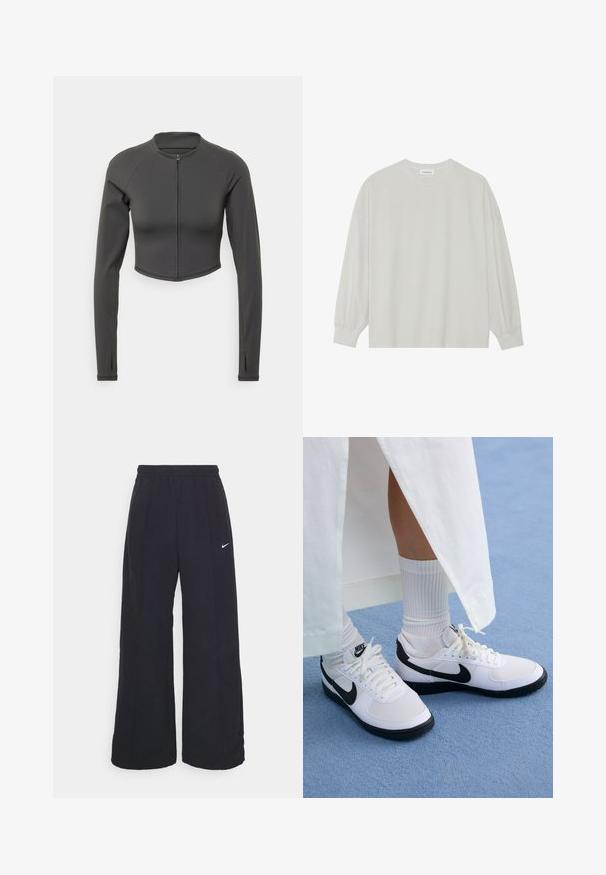 Black cropped jacket made of smooth, stretchy fabric. Features long sleeves, a high neckline, and a front zip closure.; Light gray long-sleeve t-shirt made of soft cotton. Features a loose fit, round neckline, and gently gathered cuffs. No patterns or graphics.; Black wide-leg pants with an elastic waistband and a small white Nike logo. Fabric has a smooth texture, designed for comfort and casual wear.; White Nike sneakers with black accents, featuring a smooth leather upper, white laces, and sturdy rubber outsoles, paired with white ribbed socks.