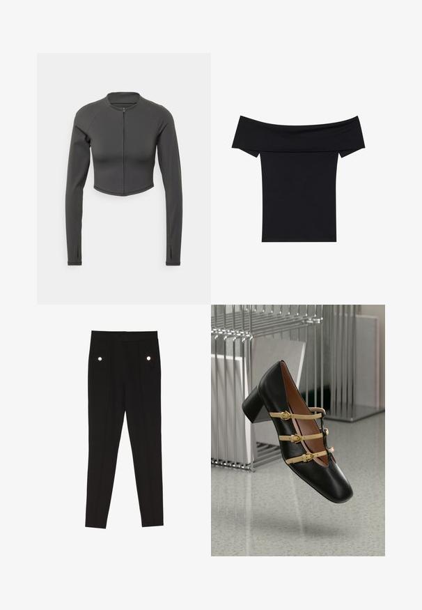 Svart cropped jakke laget av glatt, stretchy stoff. Har lange ermer, høy hals og glidelås foran.; Svart av-skulder topp laget av mykt elastisk stoff. Har korte ermer og en tettsittende silhuett. Enkel, sømløs design.; Sorte skreddersydde bukser med en glatt tekstur, som har to frontlommer med dekorative maskinvaredetaljer, og en slim-fit design.; Svarte lær sko med firkantet tå, lav blokkhel, og tre gule stropper med gullspenner over vristen. Jevn tekstur.